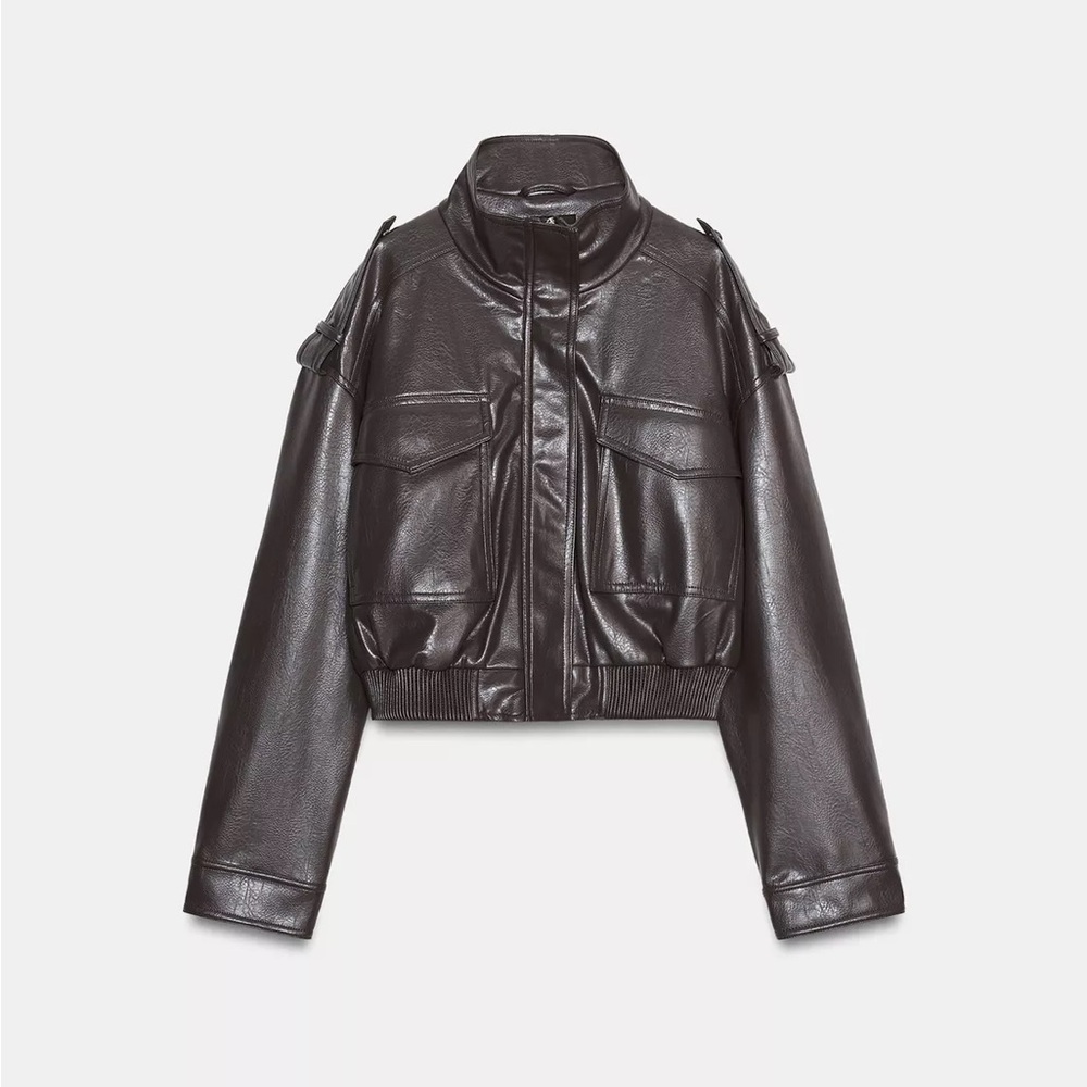 Cropped Faux Leather Bomber Jacket - Dark Brown